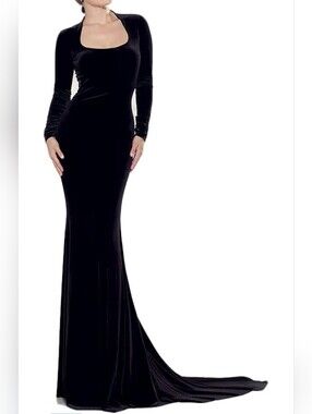Black Velvet Evening Gown with Long Sleeves Size M